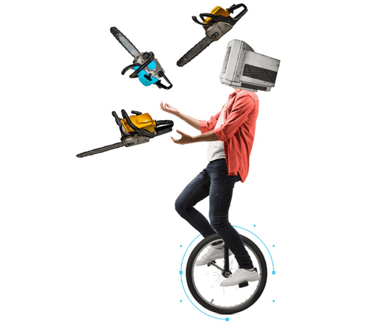 Computer Headed Person Juggling Chainsaws on a Unicycle