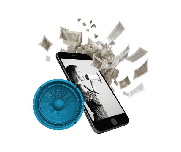 A cell phone surrounded by papers and a speaker