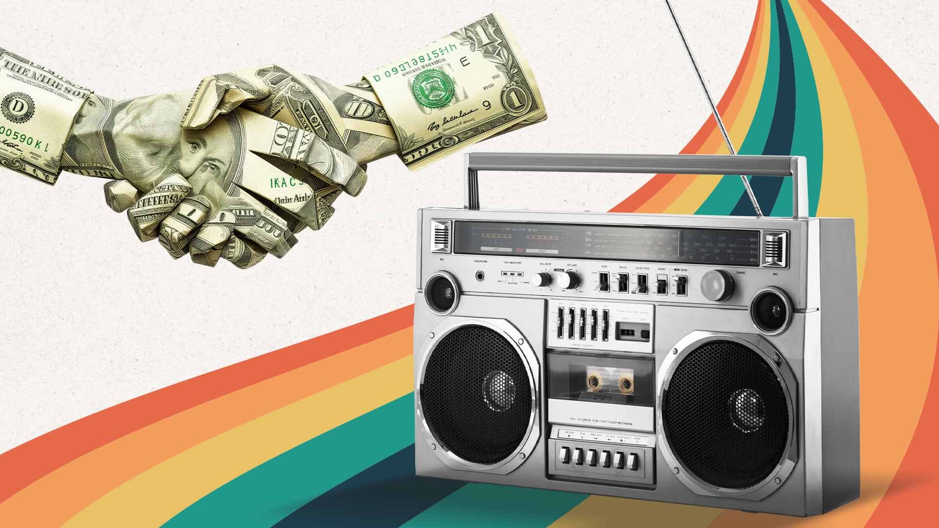 Image of boombox floating on rainbow with hands made out of money shaking.