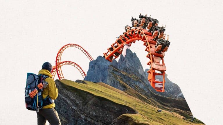 Person exploring a landscape with a rollercoaster stretching across it.