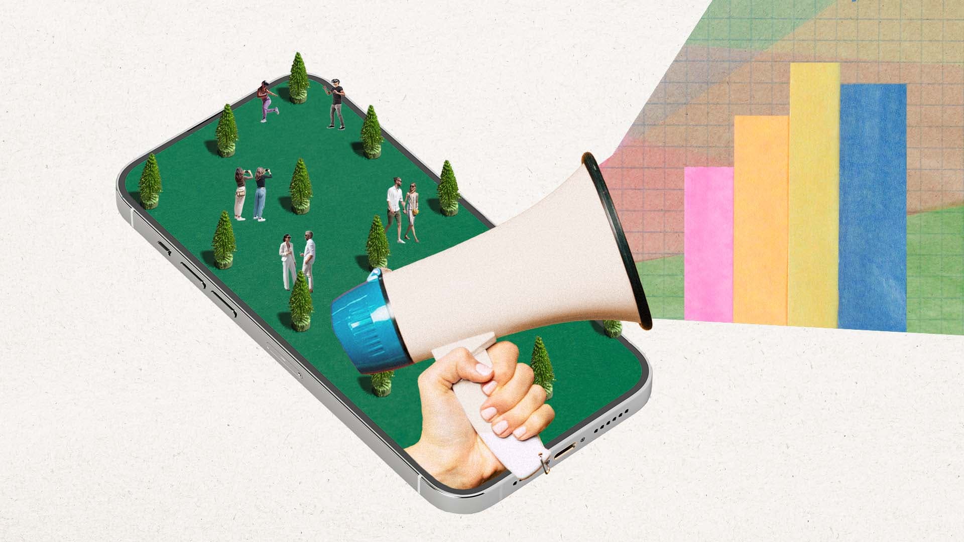 Collage image of a phone screen displaying a diorama of a miniature park, including people and trees, along with a bullhorn projecting a bar graph.