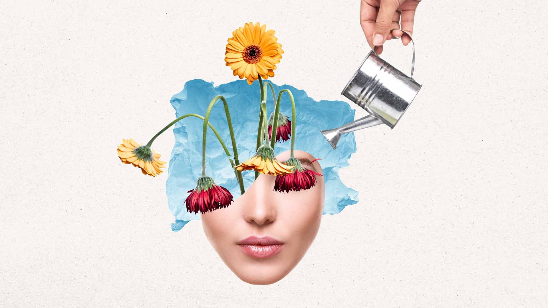 Collage image of a woman's face with flowers growing from her head. Some of the flowers are wilted and a hand holding a watering can is tending to them.