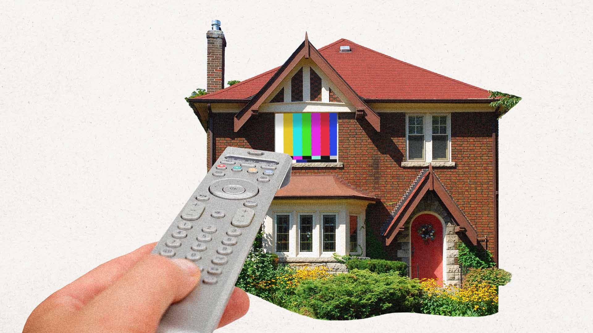 Collage of hand holding a TV remote aimed at a home with a TV in the window