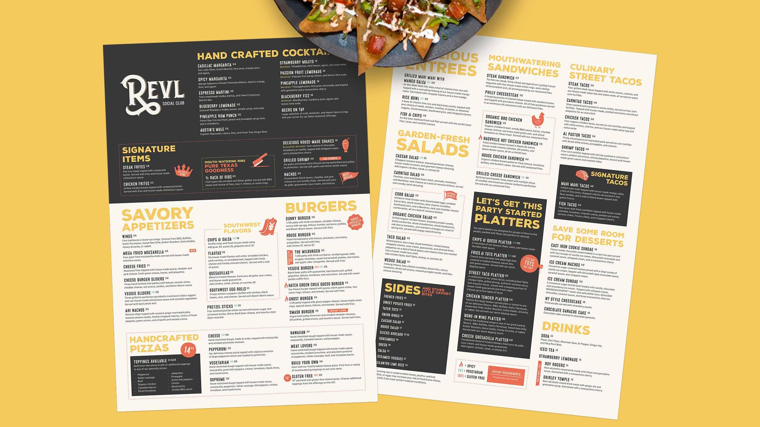 REVL Social Club menu displayed on a yellow backdrop