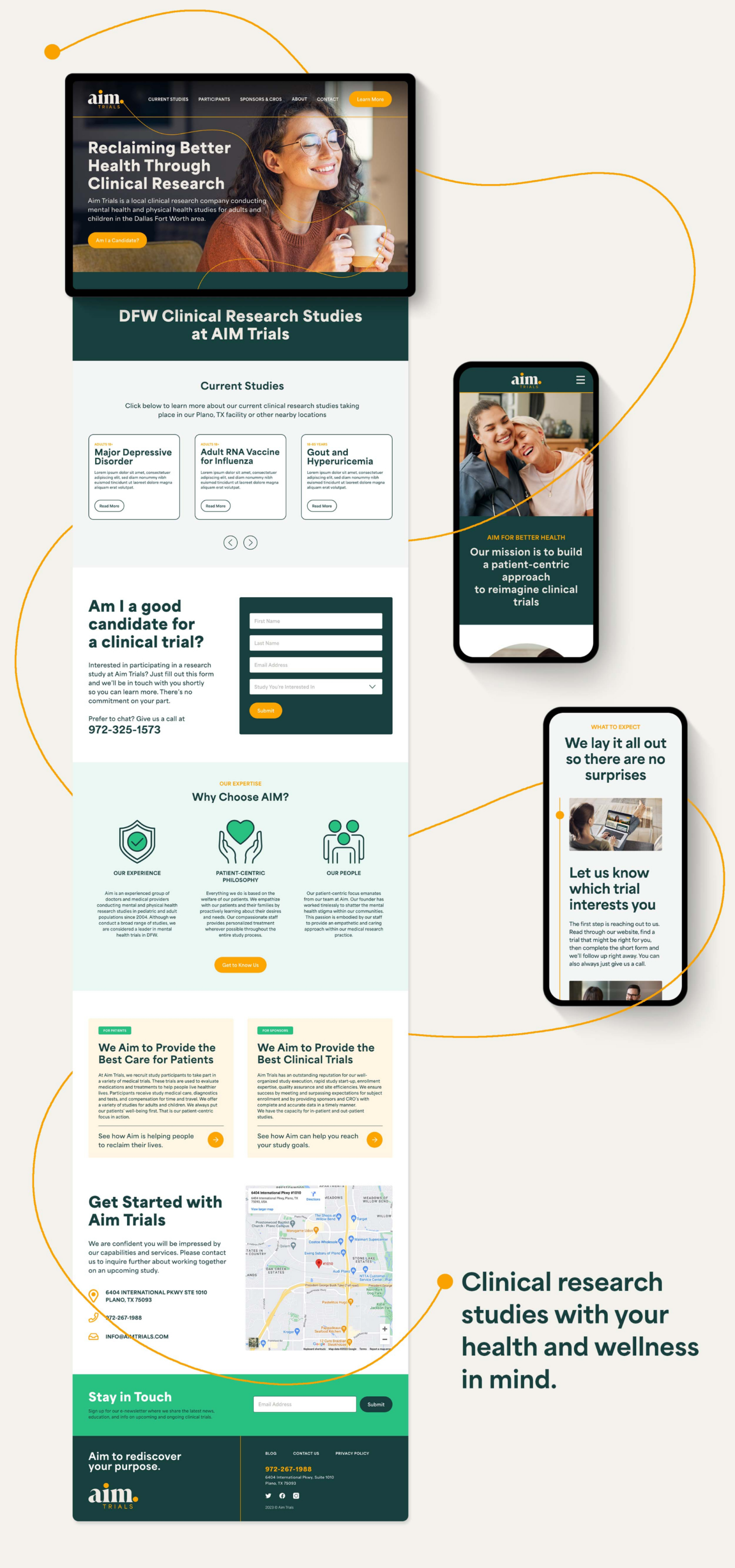 A extended full height view of a website design alongside mobile and tablet views.